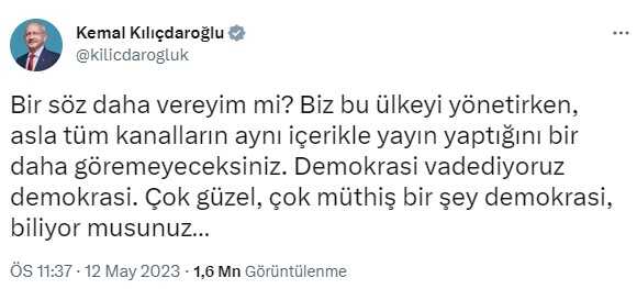 Kılıçdaroğlu, Erdoğan'ın aynı anda 25 kanalda gösterilmesine böyle tepki verdi: Demokrasi vadediyoruz demokrasi Kılıçdaroğlu, Erdoğan'ın aynı anda 25 kanalda gösterilmesine böyle tepki verdi: Demokrasi vadediyoruz demokrasi