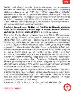 TİP'ten seçim değerlendirmesi: Mutlaka kazanacağız