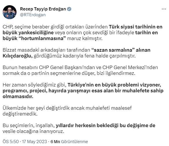 Erdoğan, Kılıçdaroğlu'nu seçim sonuçları üzerinden eleştirdi: Masadaki arkadaşları tarafından sazan sarmalına alındı Erdoğan, Kılıçdaroğlu'nu seçim sonuçları üzerinden eleştirdi: Masadaki arkadaşları tarafından sazan sarmalına alındı