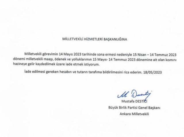 Meclis'e giremeyen BBP lideri Mustafa Destici milletvekilliği maaşını iade etti