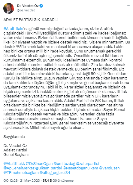 ATA İttifakı'nın ortağı Adalet Partisi, 2. tur için tarafını seçti: Kılıçdaroğlu'nu destekleyeceğiz