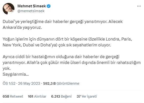 Eski Bakan Mehmet Şimşek, 'Dubai'ye taşındı' iddialarını yalanlayarak sosyal medyadan seslendi: Ankara'da yaşıyoruz