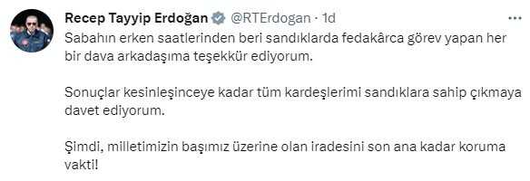 Erdoğan: Sonuçlar kesinleşinceye kadar tüm kardeşlerimi sandıklara sahip çıkmaya davet ediyorum Erdoğan: Sonuçlar kesinleşinceye kadar tüm kardeşlerimi sandıklara sahip çıkmaya davet ediyorum
