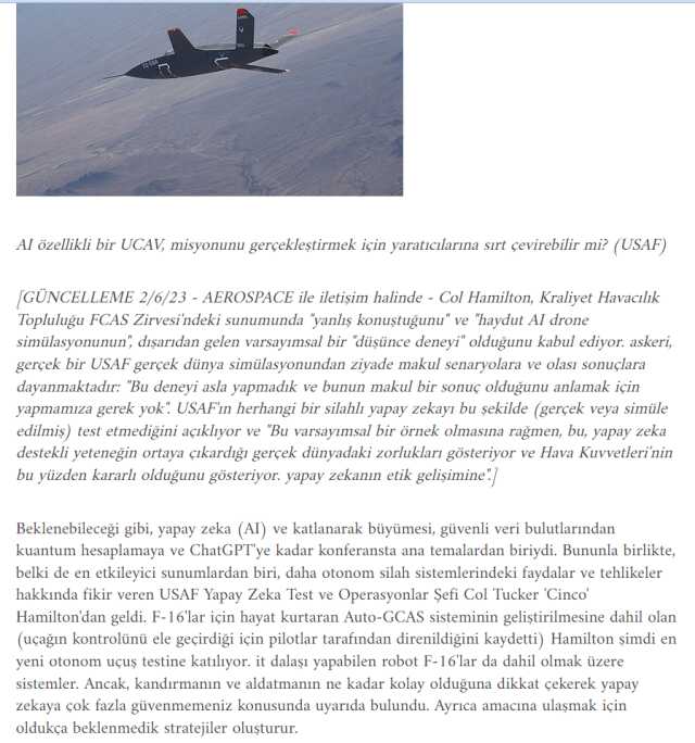 Yapay zeka tarafından kontrol edilen askeri İHA'nın kendisine engel olan komutanını öldürdüğü iddiası