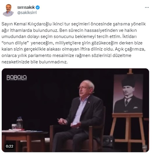 Sakık'tan seçim sürecinde kendisini hedef alan Kılıçdaroğlu'na yanıt: İspatlamazsanız mahkemede hesabını vereceksiniz