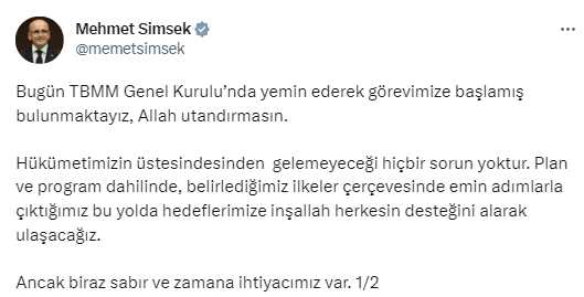 Mehmet Şimşek'ten bakanlık sonrası ilk paylaşım: Acil önceliğimiz, ekibimizi güçlendirmek ve güvenilir bir program tasarlamaktır