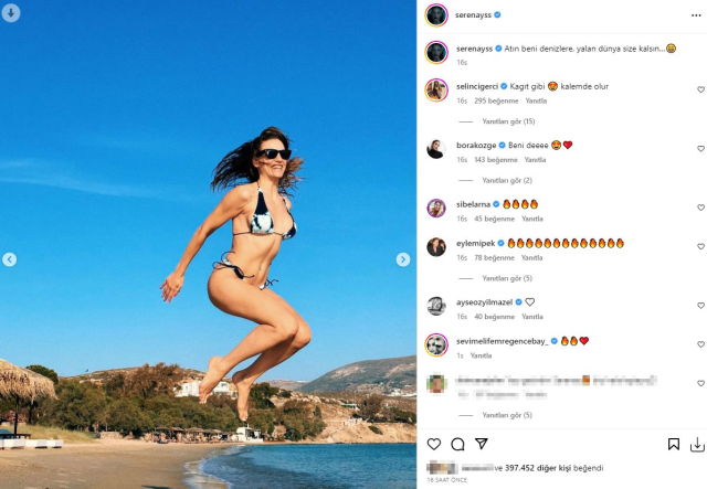 Serenay Sarıkaya bikinisiyle havaya zıplayarak poz verdi, Selin Ciğerci'den yorum gecikmedi