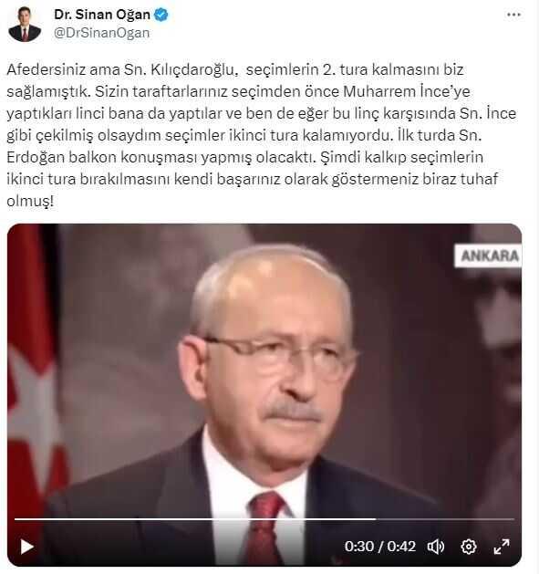 Sinan Oğan, Kılıçdaroğlu'nun sözlerine karşı çıktı: Senin başarın değil benim başarım