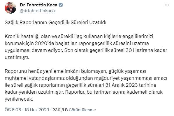 Sağlık raporlarının geçerlilik süresi 31 Aralık'a kadar uzatıldı