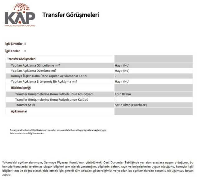 Fenerbahçe'den Edin Dzeko için ilk KAP bildirimi geldi