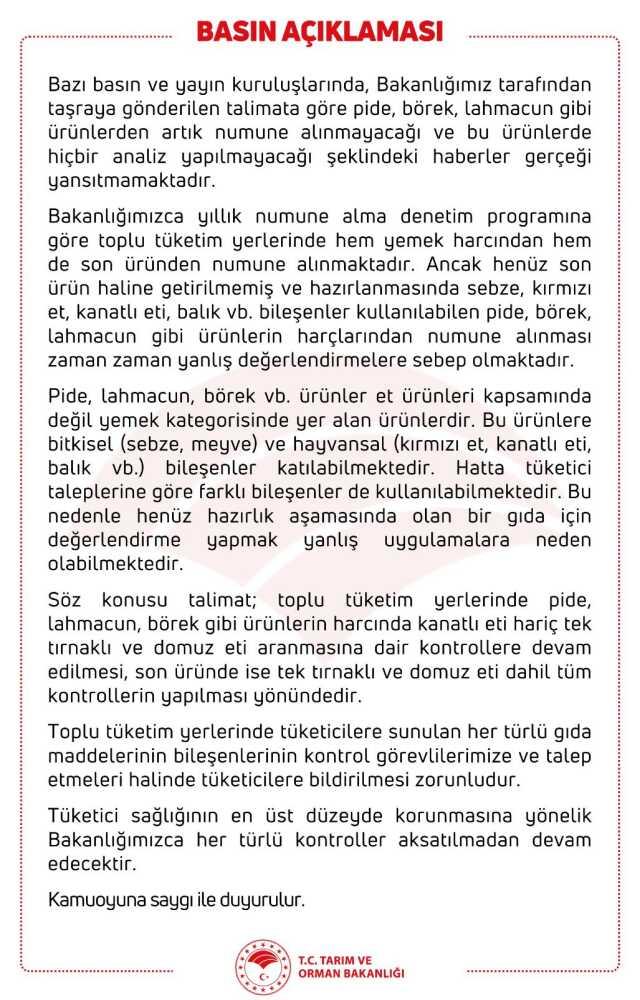 Tarım ve Orman Bakanlığı, pide ve lahmacunlarda analiz yapılmayacağı iddialarını yalanladı