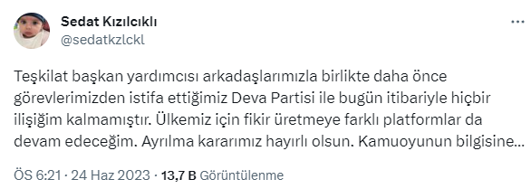 Rozetini Babacan takmıştı! Sedat Kızılcıklı, DEVA Partisi'nden istifa etti