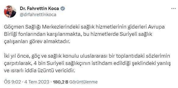 Koca'dan '4 bin Suriyeli sağlıkçı istihdam edildi' iddiasına yanıt: 2 yıl önceki toplantıda yaptığım konuşma çarpıtıldı