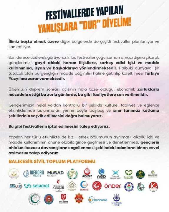 25 kuruluştan oluşan Balıkesir Sivil Toplum Platformu bildiri yayımladı: Festivaller yasaklansın 25 kuruluştan oluşan Balıkesir Sivil Toplum Platformu bildiri yayımladı: Festivaller yasaklansın