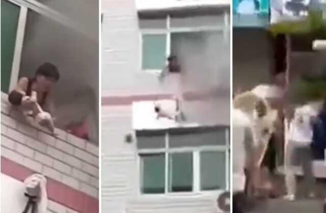 Anne çıkan yangında bebeğini hayatını kurtarmak için bebeğini üçüncü kattan aşağı atmak zorunda kaldı