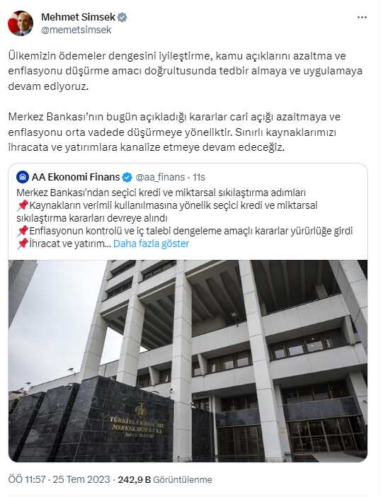Bakan Şimşek: Merkez'in bugün atmış olduğu adımlar cari açığı ve enflasyonu düşürmeye yöneliktir Bakan Şimşek: Merkez'in bugün atmış olduğu adımlar cari açığı ve enflasyonu düşürmeye yöneliktir