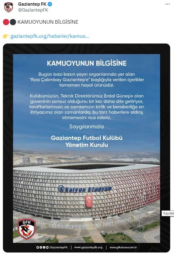 Gaziantep FK, Rıza Çalımbay haberlerini yalanladı: Tamamen hayal ürünü Gaziantep FK, Rıza Çalımbay haberlerini yalanladı: Tamamen hayal ürünü