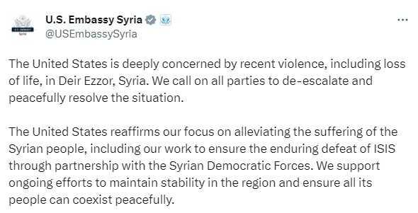 ABD Suriye'de Suriye Demokratik Güçleri ve Arap kabililer arasında 5 gündür devam eden çatışmaların sonlandırılması çağrısında bulundu