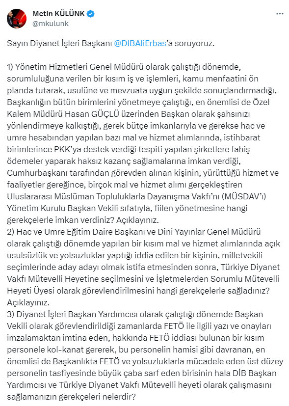 AK Partili Metin Külünk'ten Diyanet İşleri Başkanı Erbaş'a FETÖ ve PKK iddialarını içeren 3 soru