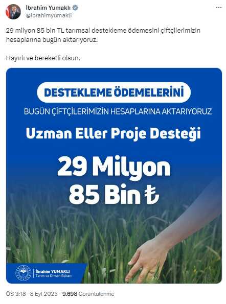 29 milyon liralık destek ödemesi bugün çiftçilerin hesabında olacak 29 milyon liralık destek ödemesi bugün çiftçilerin hesabında olacak