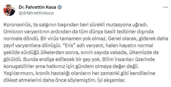 Bakan Koca: Ülkemizde de görülen eris varyantı halkımız için gündem olmaya değer değil