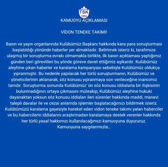 Tuzlaspor, kara para aklama ve yasa dışı bahis soruşturması ile ilgili sessizliğini bozdu Tuzlaspor, kara para aklama ve yasa dışı bahis soruşturması ile ilgili sessizliğini bozdu