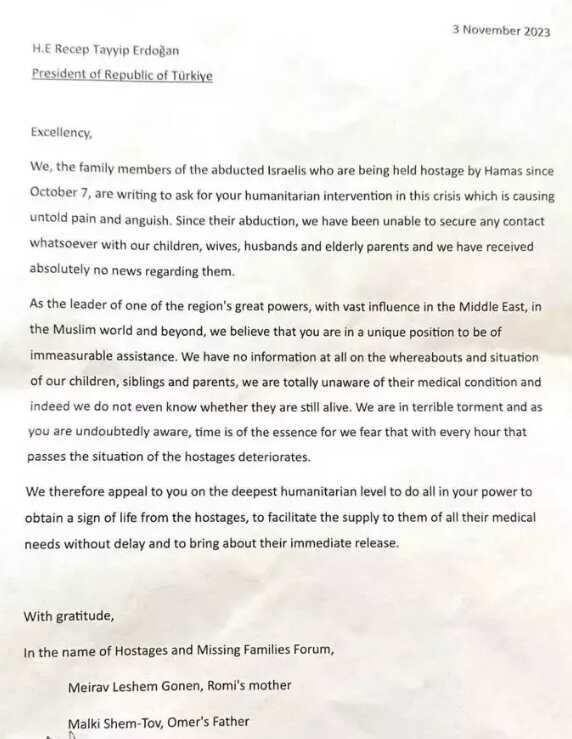 İsrailli rehinelerin aileleri Cumhurbaşkanı Erdoğan'a mektup yazdı İsrailli rehinelerin aileleri Cumhurbaşkanı Erdoğan'a mektup yazdı