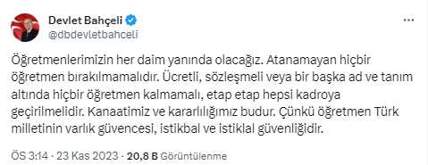 Bahçeli atanamayan öğretmenlerin sesi oldu: Hepsi kadroya geçirilmeli
