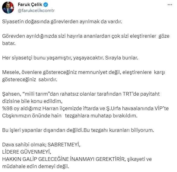 Faruk Çelik'ten çok konuşulacak çıkış: Cumhurbaşkanımızın önünde hain tezgahlara muhatap bırakıldım