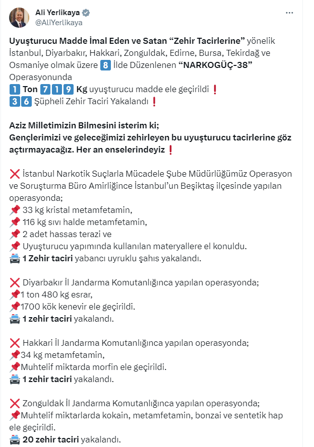 8 ilde zehir tacirlerine 'Narkogüç-38' Operasyonu: 1 ton 719 kg uyuşturucu madde ele geçirildi