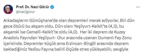 Naci Görür'den Gümüşhane'yi 22 saat arayla vuran depremlerle ilgili açıklama: Küçük ama stres yükleyebilir