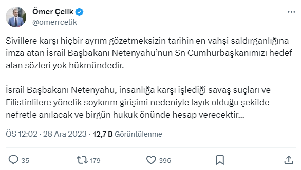 AK Parti Sözcüsü Çelik, Netanyahu'nun Cumhurbaşkanı Erdoğan'a yönelik sözlerine tepki gösterdi: Nefretle anılacak