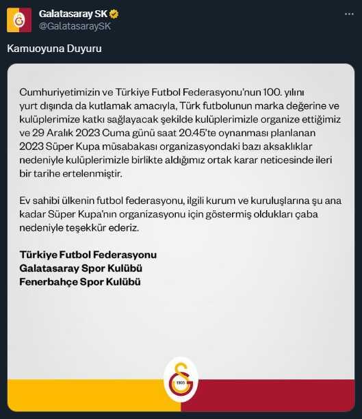 Fenerbahçe, Galatasaray ve TFF'den ortak açıklama: Süper Kupa finali ileri bir tarihe ertelendi