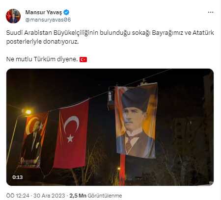 Mansur Yavaş, Suudi Arabistan Büyükelçiliği'nin bulunduğu sokağı Türk bayrakları ve Atatürk posterleriyle donattı Mansur Yavaş, Suudi Arabistan Büyükelçiliği'nin bulunduğu sokağı Türk bayrakları ve Atatürk posterleriyle donattı