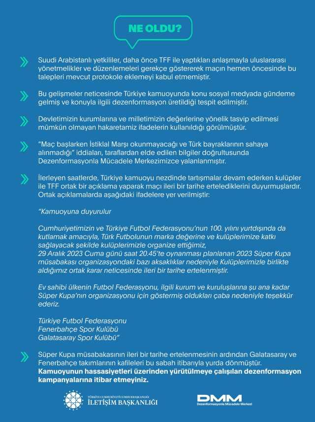 Süper Kupa maçı neden iptal oldu? Dezenformasyonla Mücadele Merkezi, krizinin perde arkasını anlattı