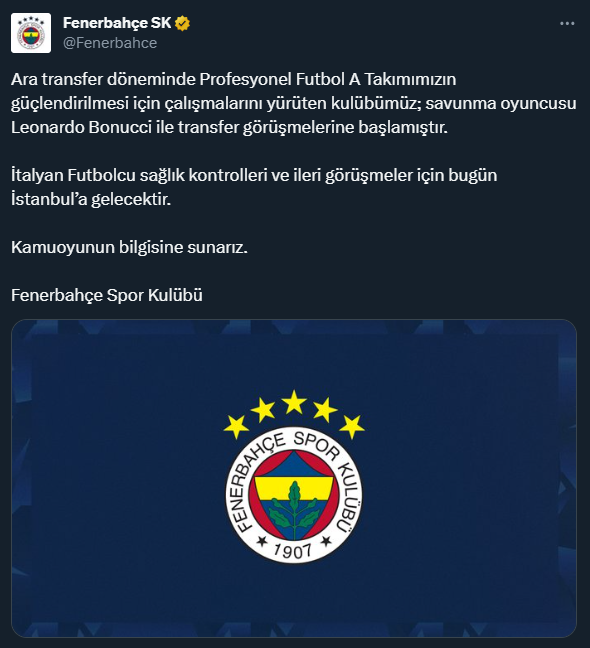 Fenerbahçe açıkladı! Leonardo Bonucci, İstanbul'a geliyor