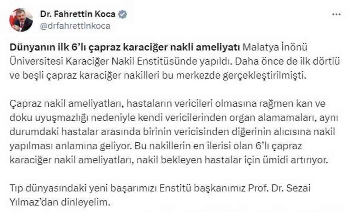Literatüre girdi! Dünyanın ilk 6'lı çapraz karaciğer nakli Malatya'da yapıldı Literatüre girdi! Dünyanın ilk 6'lı çapraz karaciğer nakli Malatya'da yapıldı