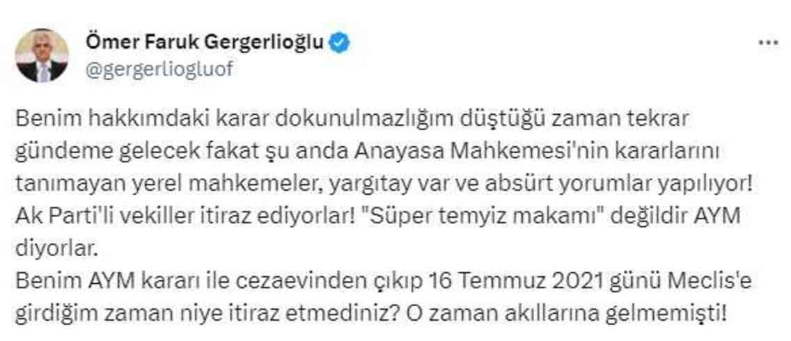 Gergerlioğlu'ndan Can Atalay'a destek: Umarım adalet yerini bulur o da Meclis'e gelir