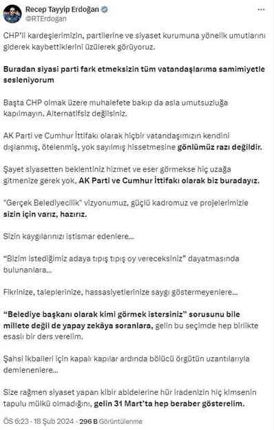 Cumhurbaşkanı Erdoğan'dan yerel seçim mesajı: Alternatifsiz değilsiniz
