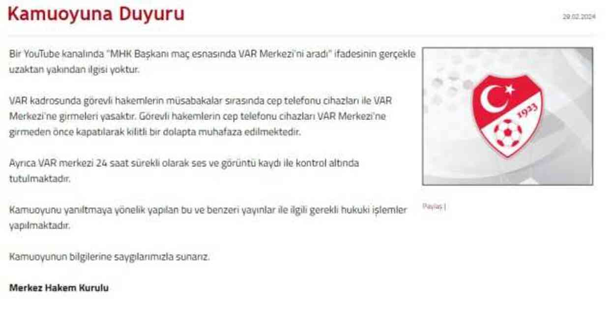 MHK Başkanı'nın VAR Merkezi'ni aradığı iddiası asılsız çıktı: Uzaktan yakından alakası yok