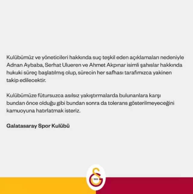 Galatasaray, Adnan Aybaba, Serhat Ulueren ve Ahmet Akpınar hakkında suç duyurusunda bulundu