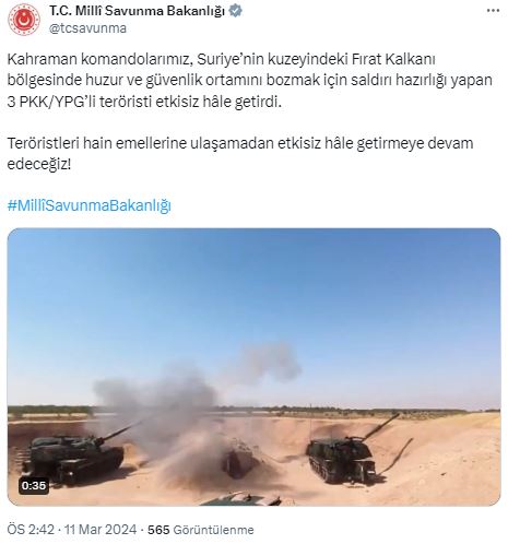 Suriye'nin kuzeyinde saldırı hazırlığındaki 3 PKK/YPG'li terörist etkisiz hale getirildi