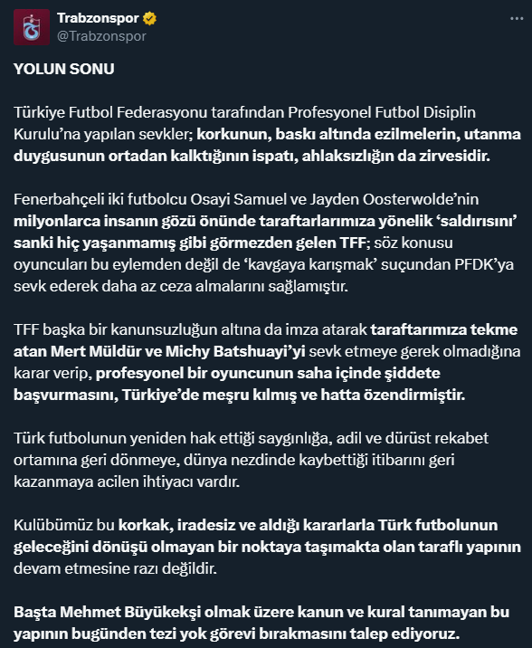 Sevkler ortalığı iyice karıştırdı! Trabzonspor, TFF'yi istifaya davet etti