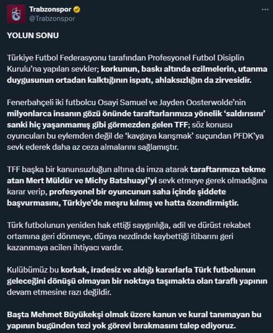 Sevkler ortalığı iyice karıştırdı! Trabzonspor, TFF'yi istifaya davet etti