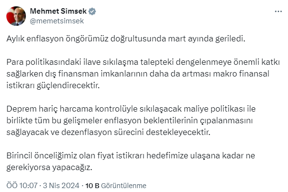 Mehmet Şimşek'ten mart ayı enflasyon rakamlarıyla ilgili ilk yorum