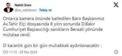 Diyarbakır Baro Başkanı Tahir Elçi davasında savcıdan beraat talebi Diyarbakır Baro Başkanı Tahir Elçi davasında savcıdan beraat talebi