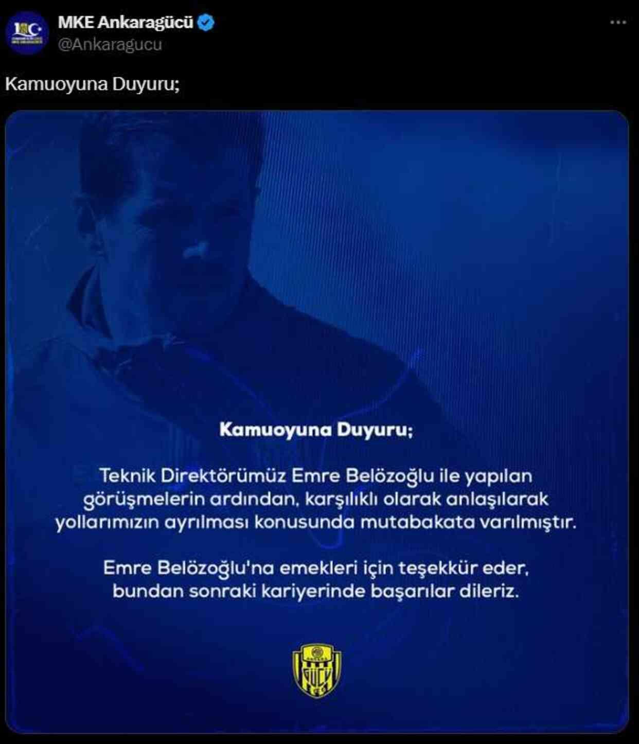 MKE Ankaragücü'nde, Emre Belözoğlu ile yollar ayrıldı