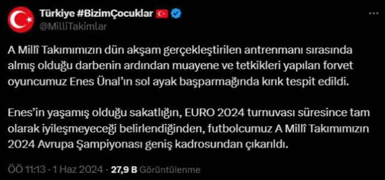 A Milli Takım'da deprem! Enes Ünal, EURO 2024 kadrosundan çıkarıldı