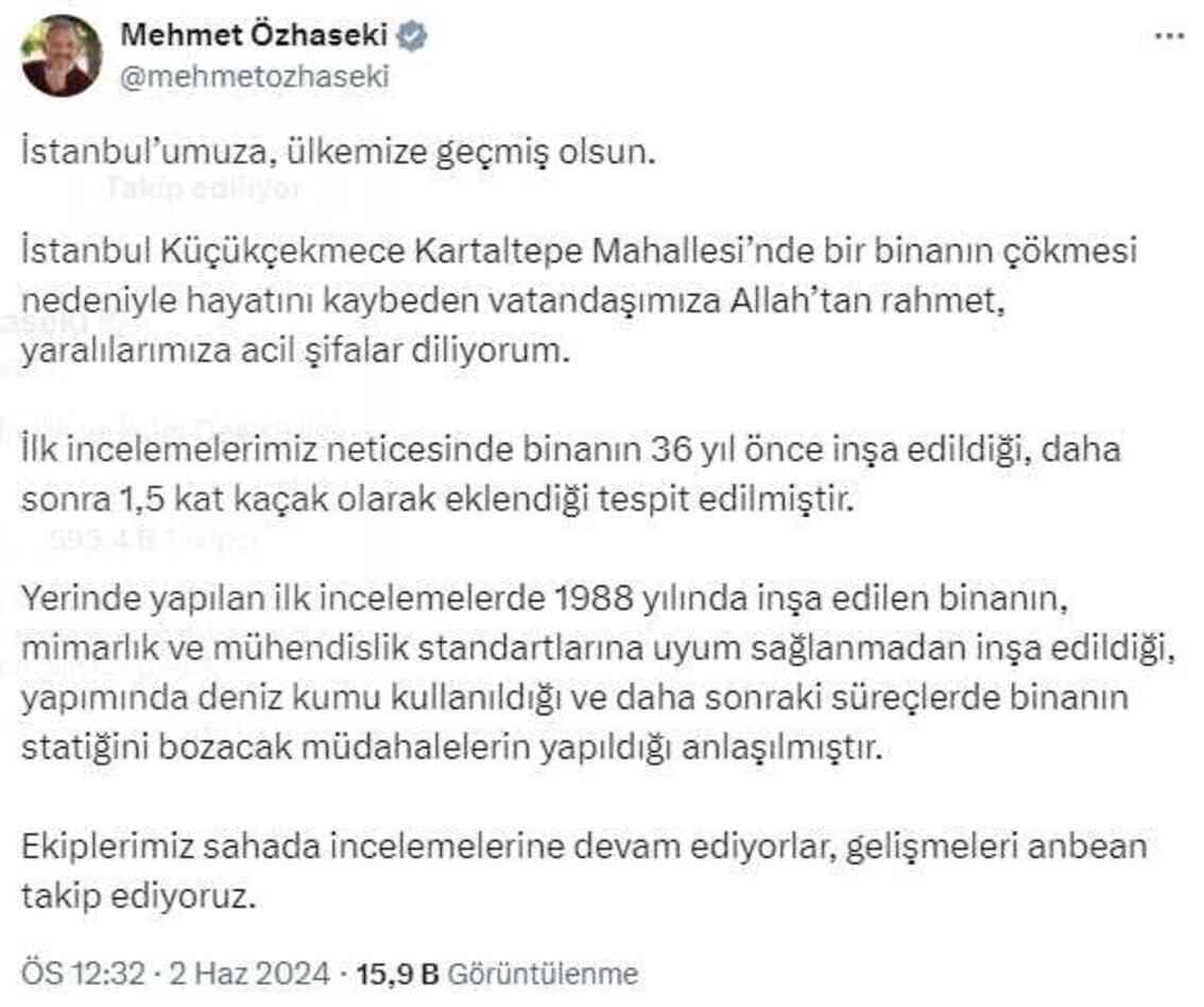 Bakan Özhaseki: Çöken binanın yapımında deniz kumu kullanılmış, 1,5 kat kaçak olarak eklenmiş