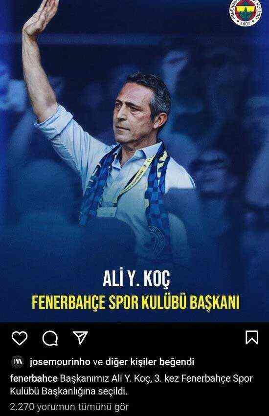 Fenerbahçe Teknik Direktörü Jose Mourinho'dan Ali Koç'un seçim zaferi sonrası ilk paylaşım